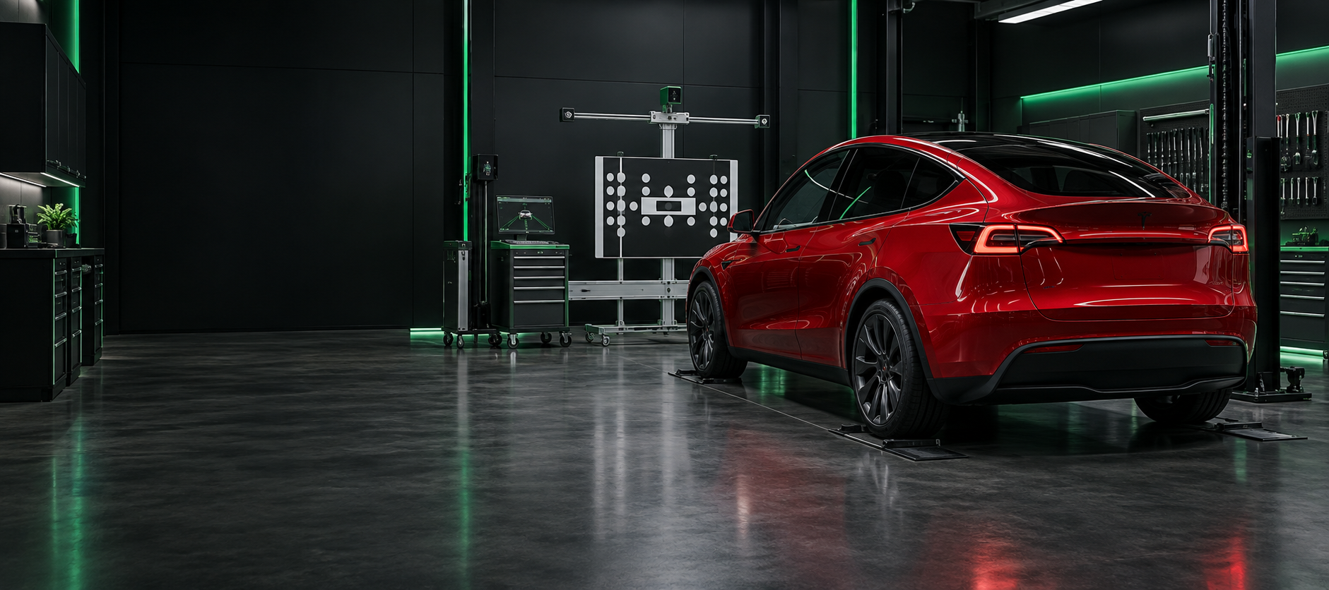 Red electric vehicle positioned for advanced driver assistance system calibration in a modern repair bay
